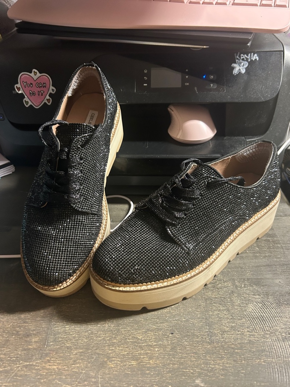 Chelsea & Violet Black Glitter‎ Lace-Up Platform Oxfords Womens 8
